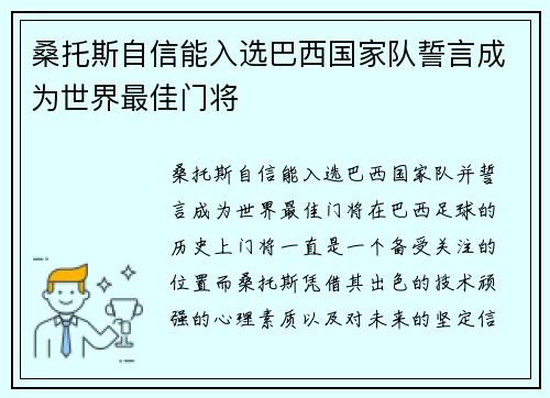 桑托斯自信能入选巴西国家队誓言成为世界最佳门将